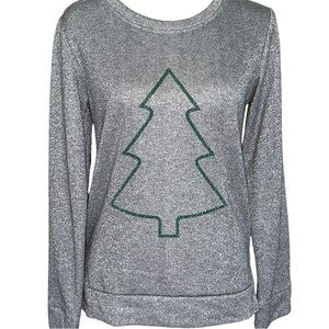 Southern Grace Sparkling Gray Linen Blend Knit Sweater Green Tree Outline New Sz